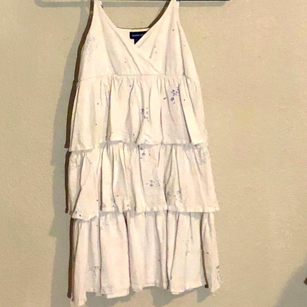 White v-neck spaghetti strap with blue design